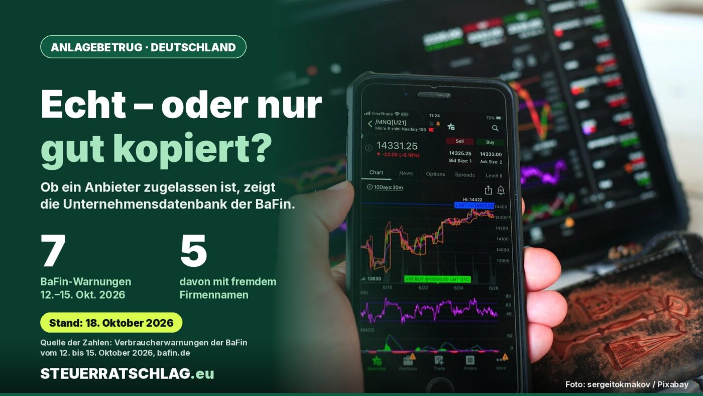 Hand hält Smartphone mit Börsen-Chart vor einem Tablet; links Infokarte: 7 BaFin-Warnungen vom 12. bis 15. Oktober 2026, davon 5 mit fremdem Firmennamen