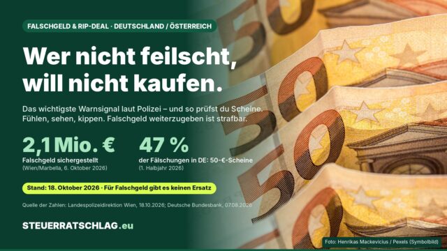 Nahaufnahme von 50-Euro-Banknoten, links grüne Infokarte: Wer nicht feilscht, will nicht kaufen – Warnsignal bei Rip-Deals, 2,1 Millionen Euro Falschgeld sichergestellt