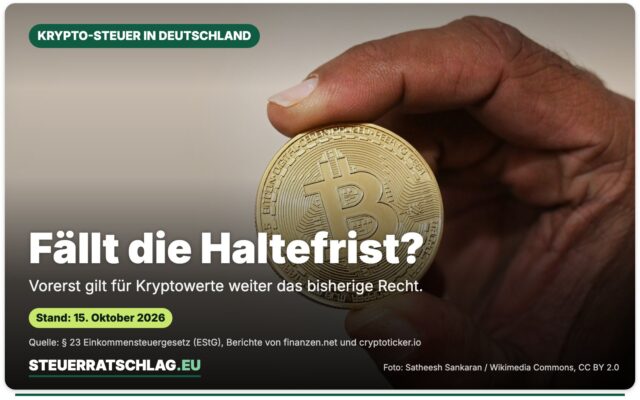 Hand mit einer physischen Bitcoin-Sammlermünze, aufgenommen am 13. Februar 2023 – Aufmacherbild mit der Frage „Fällt die Haltefrist?“
