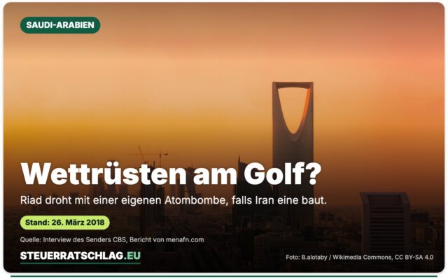 Skyline von Riad (Saudi-Arabien) mit dem Kingdom Centre, aufgenommen im November 2016 – Aufmacherbild mit der Frage „Wettrüsten am Golf?“