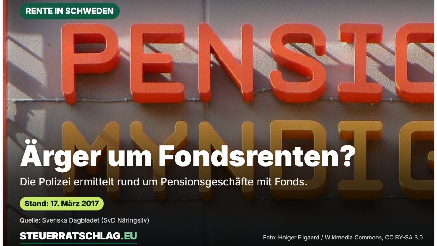 Schild der schwedischen Pensionsbehörde Pensionsmyndigheten, aufgenommen 2011 – Aufmacherbild mit der Frage „Ärger um Fondsrenten?“