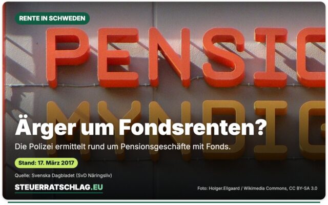 Schild der schwedischen Pensionsbehörde Pensionsmyndigheten, aufgenommen 2011 – Aufmacherbild mit der Frage „Ärger um Fondsrenten?“