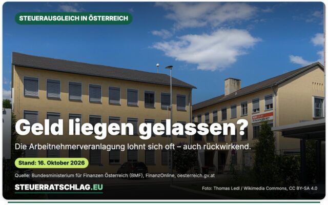 Finanzamt in Oberwart im Bundesland Burgenland (Österreich), aufgenommen im August 2021 – Aufmacherbild mit der Frage „Geld liegen gelassen?“