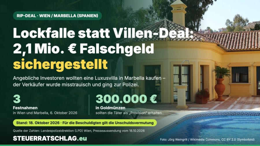 Luxusvilla mit Pool in Marbella, links grüne Infokarte: Lockfalle statt Villen-Deal – 2,1 Millionen Euro Falschgeld sichergestellt, 3 Festnahmen in Wien und Marbella, 300.000 Euro in Goldmünzen sollten die Täter als Provision erhalten