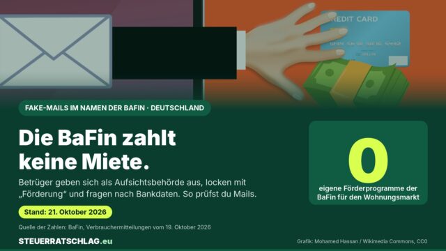 Infokarte mit E-Mail-Symbol und Hand, die nach einer Kreditkarte greift: Die BaFin zahlt keine Miete – 0 eigene Förderprogramme der BaFin für den Wohnungsmarkt, Stand 21. Oktober 2026