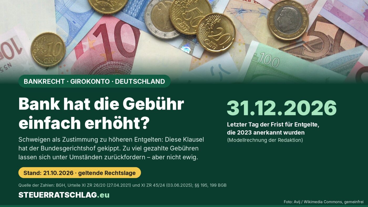 Infografik: Girokonto-Gebühren zurückfordern, Frist für Ansprüche aus 2023 endet nach Rechnung der Redaktion am 31.12.2026; Foto von Euro-Banknoten und Münzen