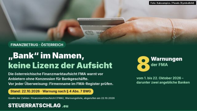 Infografik: Acht Warnungen der österreichischen Finanzmarktaufsicht FMA vom 1. bis 22. Oktober 2026, darunter zwei angebliche Banken; oben Hände mit Bankkarte vor einem Laptop