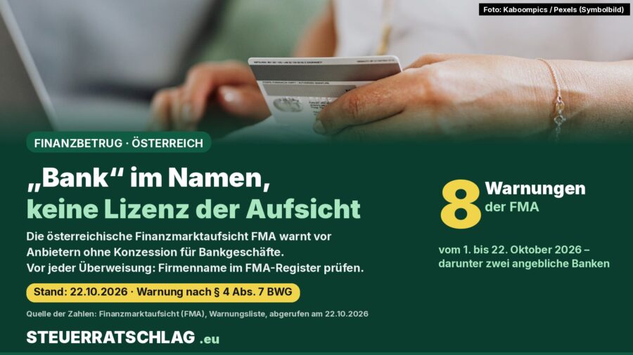 Infografik: Acht Warnungen der österreichischen Finanzmarktaufsicht FMA vom 1. bis 22. Oktober 2026, darunter zwei angebliche Banken; oben Hände mit Bankkarte vor einem Laptop