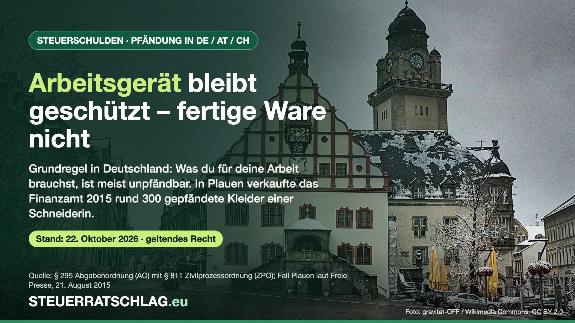 Infografik zur Pfändung durch das Finanzamt mit dem Alten Rathaus in Plauen im Hintergrund
