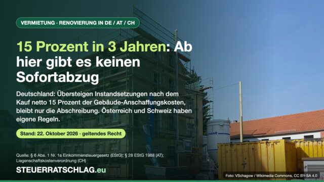 Infografik zur 15-Prozent-Grenze bei Renovierungen nach dem Wohnungskauf, im Hintergrund ein eingerüstetes Mietshaus
