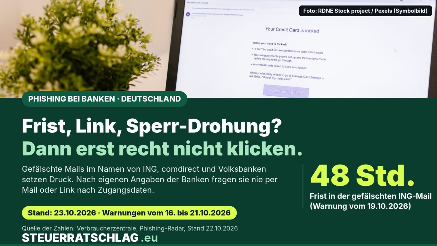 Laptop-Bildschirm mit einer angeblichen Sperrnachricht zu einer Kreditkarte neben einer Topfpflanze; Infografik zu gefälschten Bank-Mails mit 48 Stunden Frist