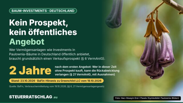 Infografik: Hängende violette Blüten eines Blauglockenbaums rechts, links Text zur Prospektpflicht für Vermögensanlagen in Deutschland nach § 6 VermAnlG und zur Zwei-Jahres-Frist für Rückabwicklungsansprüche nach § 21 VermAnlG; Stand 23.10.2026.