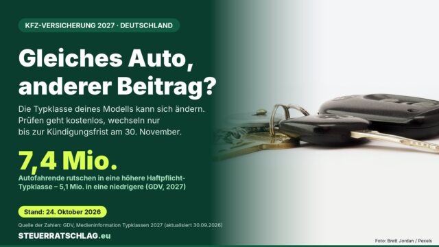 Aufmacher-Karte: Autoschlüssel, Hinweis auf Typklassen 2027 in der Kfz-Versicherung und 7,4 Millionen höher eingestufte Autofahrende