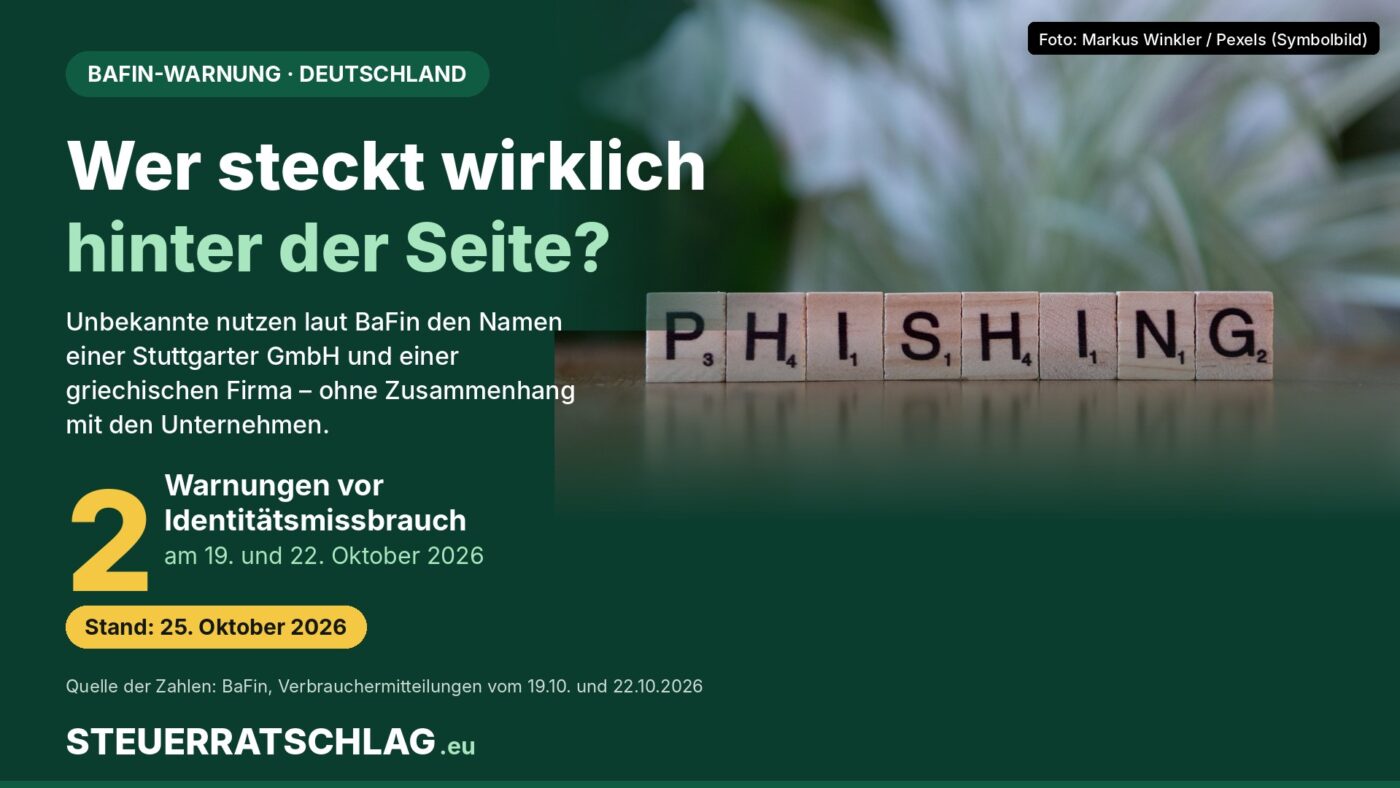 Aufmacher-Karte: Frage „Wer steckt wirklich hinter der Seite?“, zwei BaFin-Warnungen vom 19. und 22. Oktober 2026 wegen Identitätsmissbrauch, rechts Scrabble-Kacheln mit dem Wort Phishing