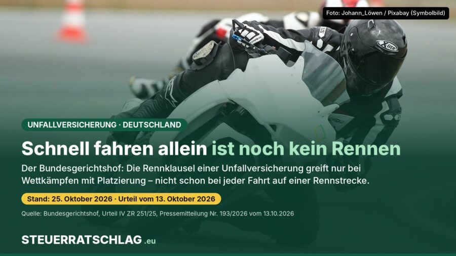 Motorradfahrer in Schräglage auf einer Strecke, daneben der Text: Schnell fahren allein ist noch kein Rennen – BGH-Urteil vom 13. Oktober 2026 zur Rennklausel in der Unfallversicherung