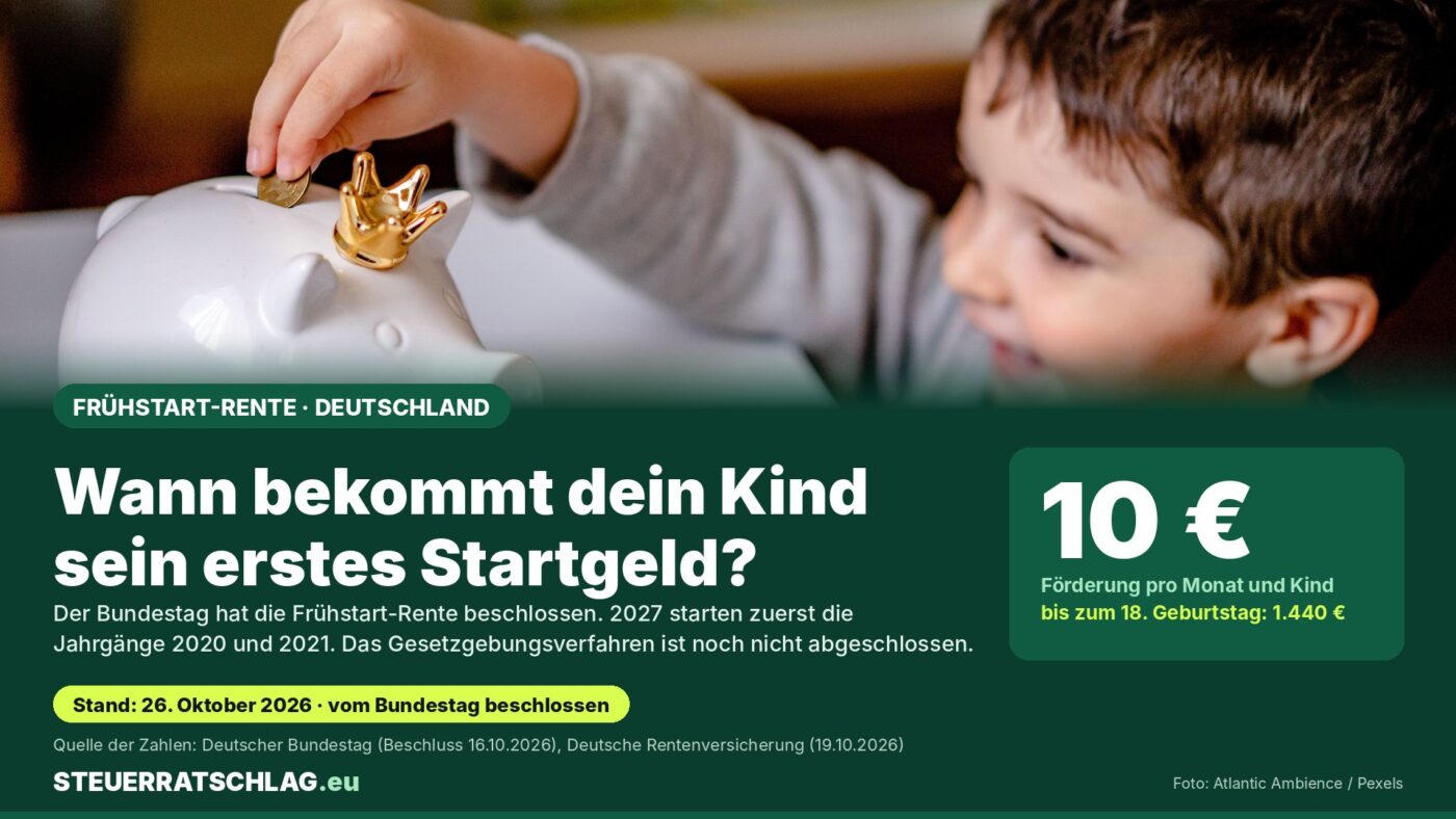Junge steckt Münze in ein Sparschwein; daneben die Angabe: Frühstart-Rente, 10 Euro Förderung pro Monat und Kind