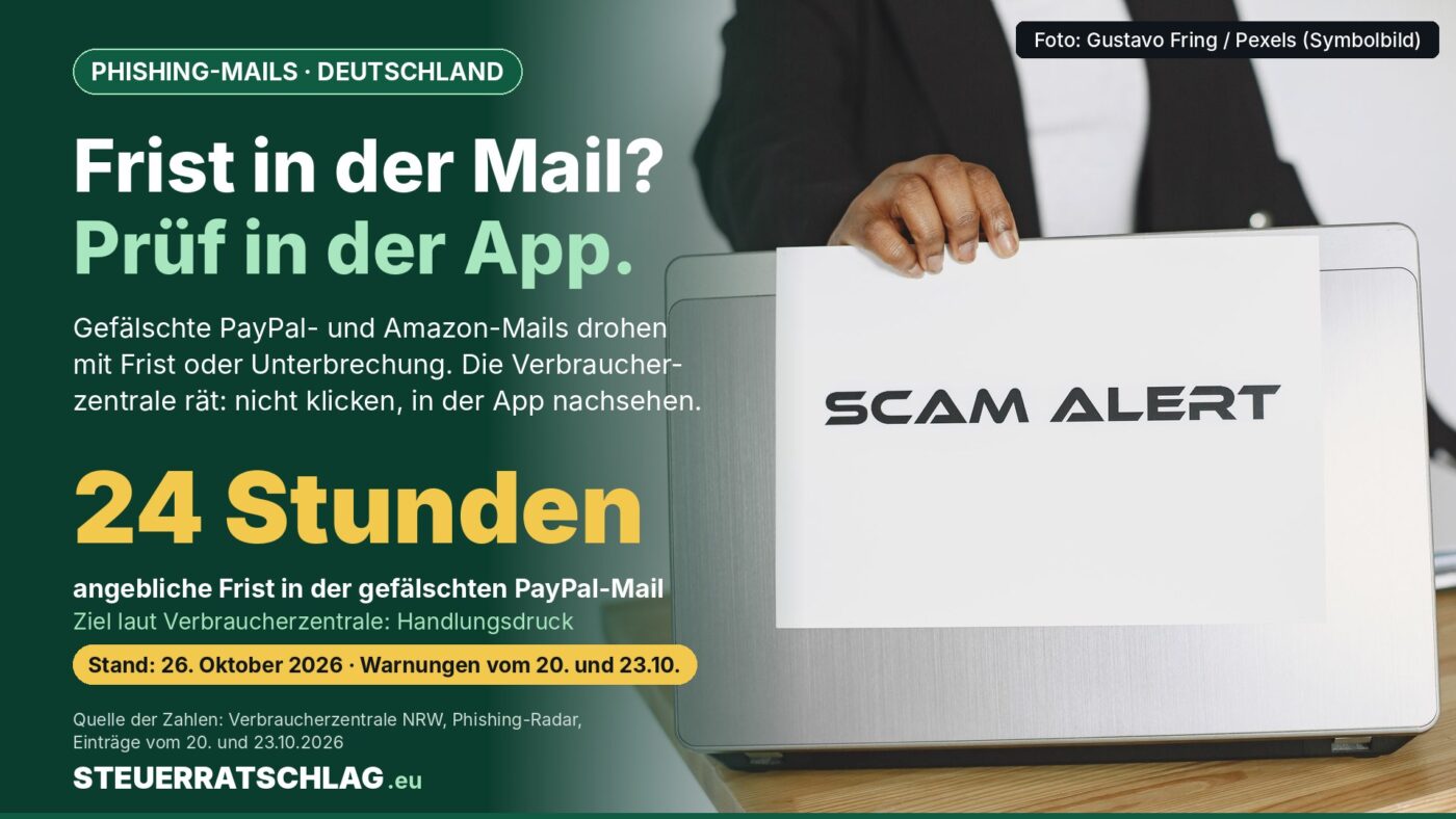 Infografik: Gefälschte PayPal-Mail nennt 24 Stunden Frist; im Hintergrund hält eine Person ein Blatt mit „Scam Alert“ vor einen Laptop