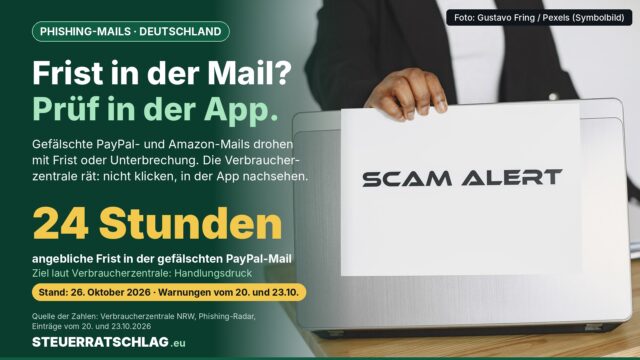 Infografik: Gefälschte PayPal-Mail nennt 24 Stunden Frist; im Hintergrund hält eine Person ein Blatt mit „Scam Alert“ vor einen Laptop