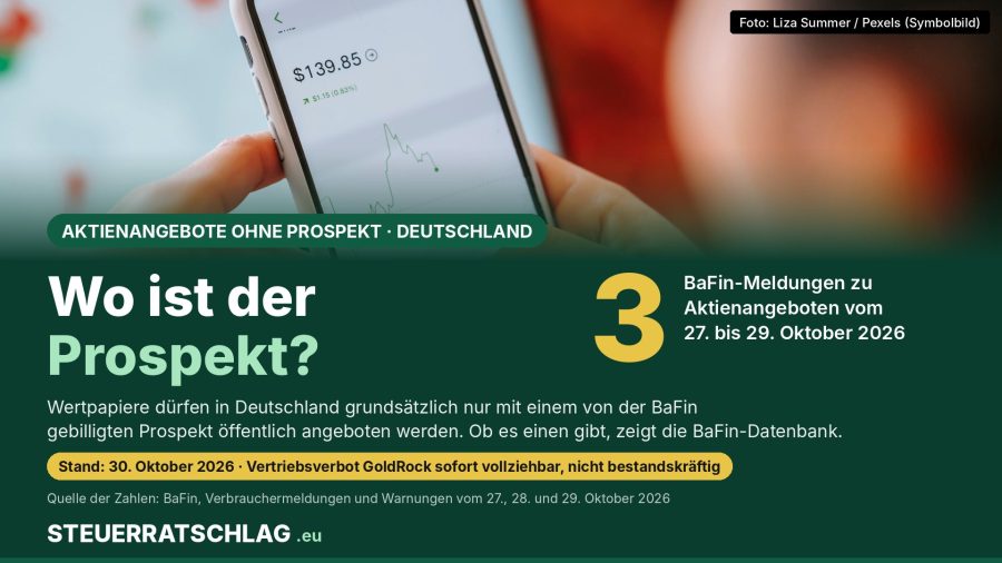 Infografik: Hände halten ein Smartphone mit Börsen-App. Text: Wo ist der Prospekt? 3 BaFin-Meldungen zu Aktienangeboten vom 27. bis 29. Oktober 2026.