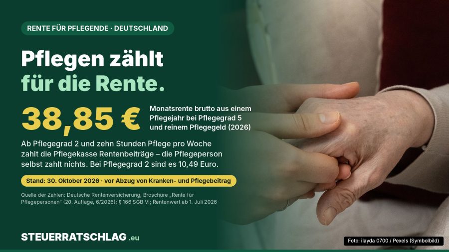 Infografik: Eine jüngere Hand hält die Hand einer älteren Person. Text: Pflegen zählt für die Rente. 38,85 Euro Monatsrente brutto aus einem Pflegejahr bei Pflegegrad 5 und reinem Pflegegeld, Werte 2026.