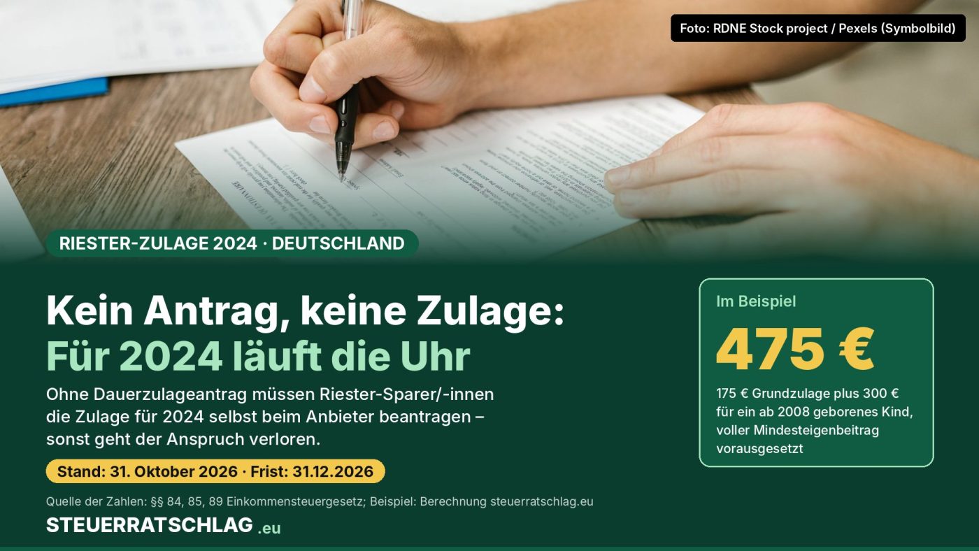 Infografik zur Riester-Zulage 2024 in Deutschland: Antragsfrist 31. Dezember 2026, Beispiel 475 Euro Zulage aus 175 Euro Grundzulage und 300 Euro Kinderzulage; im Hintergrund eine Hand, die ein Formular ausfüllt