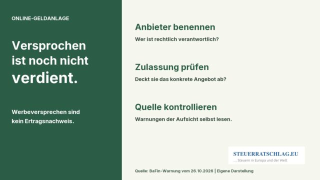 STEUERRATSCHLAG-Hinweiskarte: Werbeversprechen sind kein Ertragsnachweis. Anbieter benennen, Zulassung prüfen, amtliche Quelle kontrollieren.