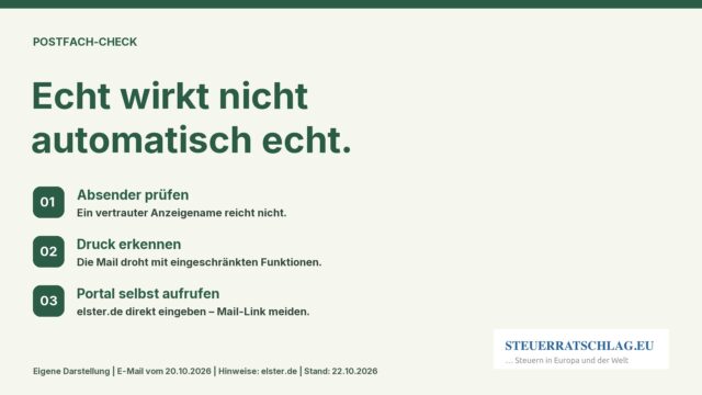 Eigene STEUERRATSCHLAG-Grafik: Absender prüfen, Zeitdruck erkennen und ELSTER unabhängig öffnen.