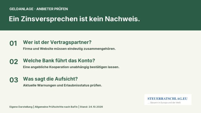 Eigene STEUERRATSCHLAG-Grafik mit drei Prüfschritten: Vertragspartner, kontoführende Bank und Aufsicht prüfen.