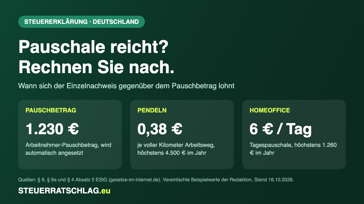 Infografik: Arbeitnehmer-Pauschbetrag 1.230 Euro, Entfernungspauschale 0,38 Euro je Kilometer, Homeoffice-Pauschale 6 Euro pro Tag